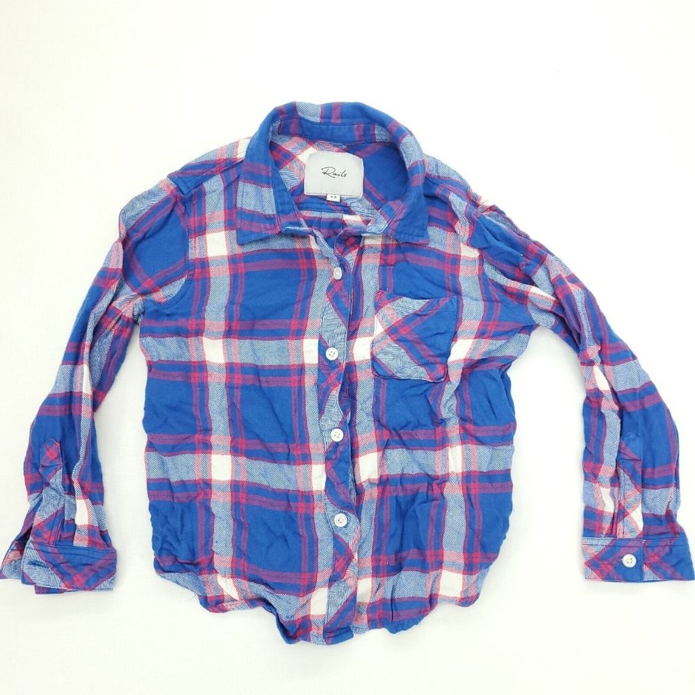 Rails Button Shirt Girls 8-9 Blue Pink Plaid 100% Rayon Long Sleeve